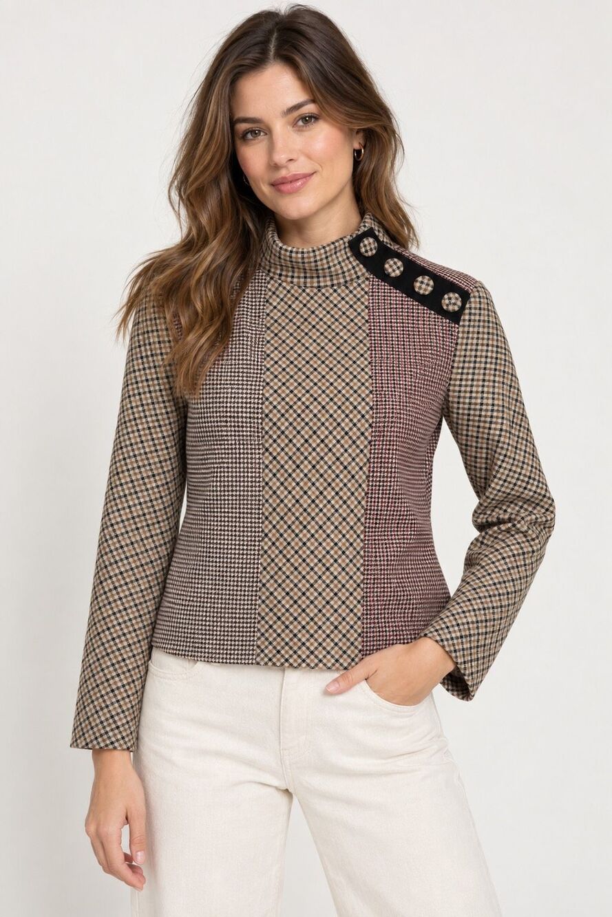 Zara Woman XS Patchwork Plaid Houndstooth High Neck Button Jacket Top